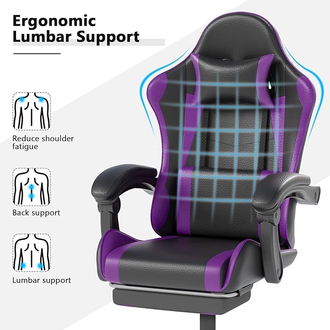 Gaming Chair with Headrest and Lumbar Support, Ergonomic High Back Office Chair, Racing Style Executive Computer Desk Chair, Leather Adjustable Swivel Task Chair for Home Office (Purple)