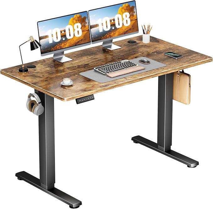 DUMOS 47 Inch Electric Standing Desk, Memory Adjustable Home Office Desk | Sit Stand Up Desk for Work Home Office,Adjustable Desk, Rising Computer Table with Splice Board,Cable Management,Hook,Rust