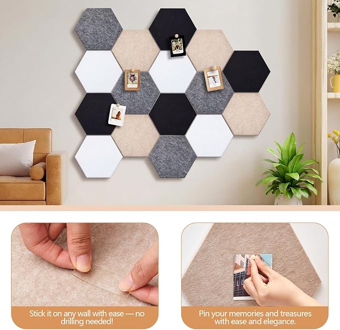 12x10 in 16 Pcs Hexagon Cork Board Tiles with 50 Wooden Push Pins, Cork Boards for Wall, Felt DIY Tiles with Nano Tape, Pin Board for Office Classroom Home Photo Memo Note (Classic)
