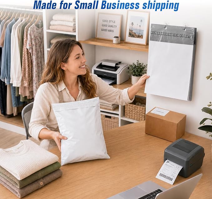 Fuxury Poly Mailers 12x15.5 50PC (Upgraded Version) Shipping Bags for Clothing with Easy-Open Tear Strip & Hangable for Easy Use, Self-Seal Shipping Envelopes Mailing Bags for Small Business in White