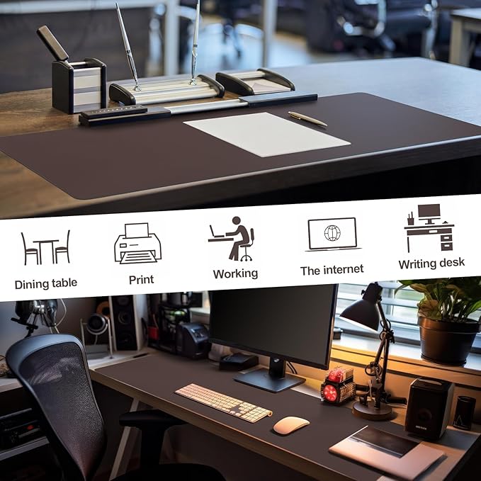 Tegeme Leather Desk Mat Large Desk Pad 47.2 x 15.7 Inch Non Slip Table Protector with Stitched Edges and Rubber Base Dark Brown Stylish Workspace Accessory Laptop Mat Smooth Writing for Home Office