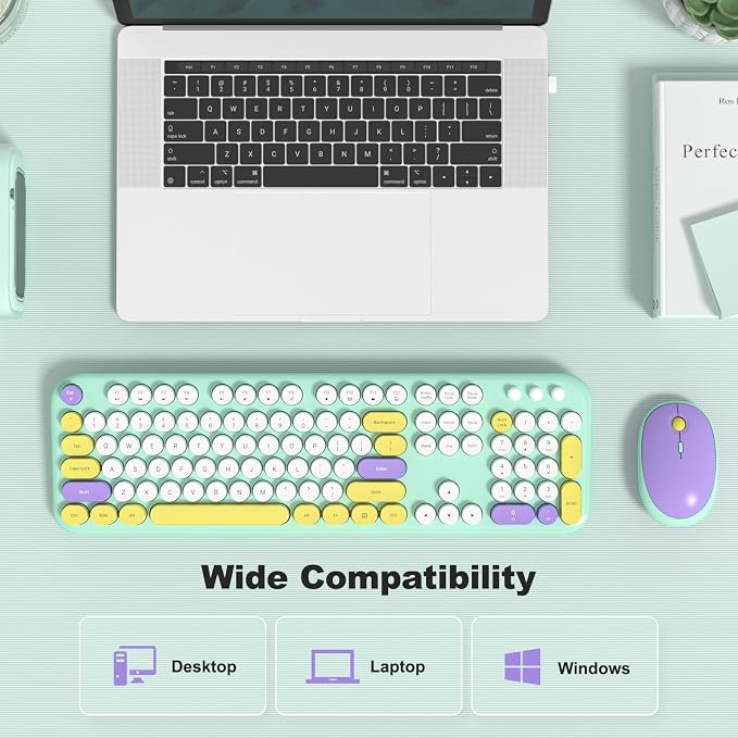KNOWSQT Wireless Keyboard and Mouse Combo - Lovely Tiffany Blue 2.4G Full-Sized Colorful Keyboards, Round Keycap USB Dongle Plug Play Cute Keyboards for Windows, Laptop, PC, Desktop, Mac
