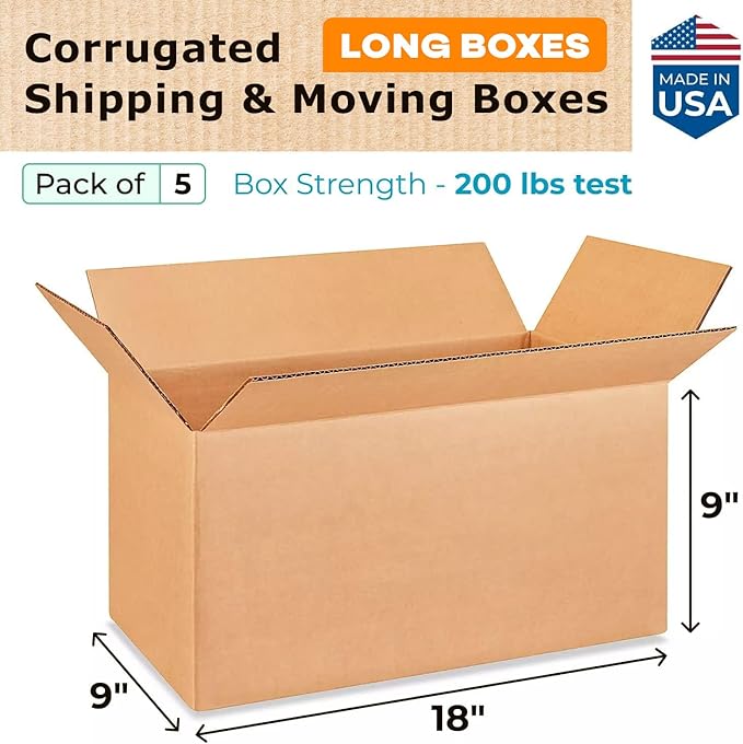 Long Moving & Shipping Boxes 18 x 9 x 9 inches (5-Pack) - Extra Strength 200 lb vs Regular - USA-Made Corrugated Strong Boxes for Packaging Moving Stuff - Heavy Duty Box by IDL Packaging