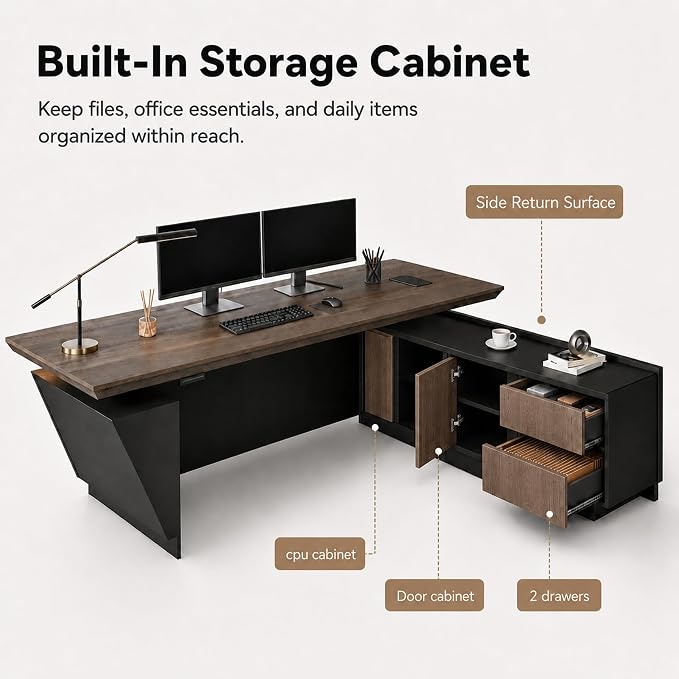 SAINTCY 86.6in Adjustable Executive Desk - Luxury L Shaped Desk with Drawers, Large Table with File Cabinets, Executive Office Desks with LED Light Strip Home Office Desk for Professionals