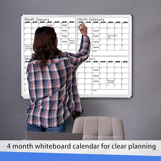 Large 48" x 36" Magnetic 4 Month Dry Erase Calendar White Board Foldable Whiteboard Calendar for Wall Mounted 2 in 1 Double Side Whiteboard with Dry Erase Board for Wall Office Home
