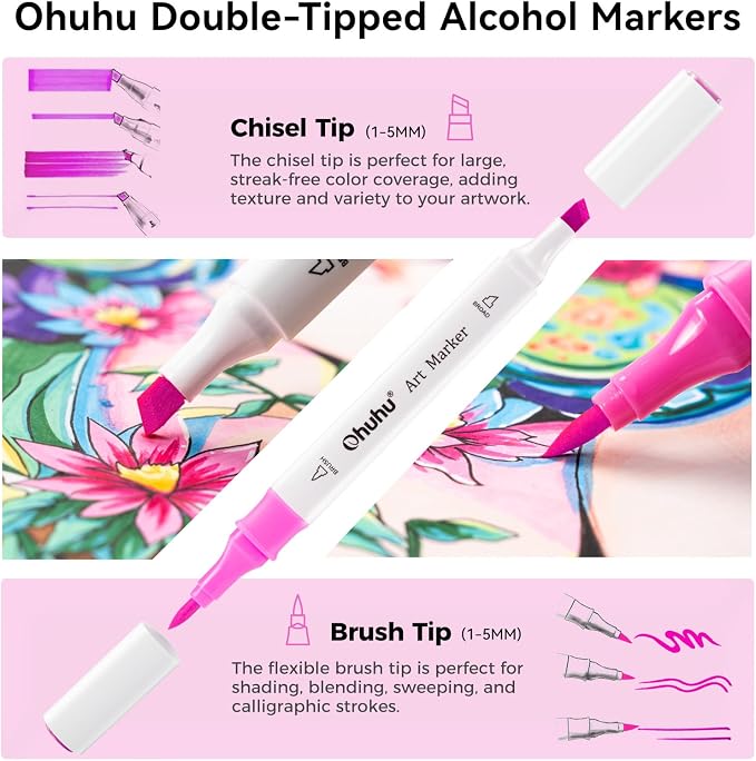 Ohuhu Alcoohol Markers Brush Chisel 48 Colors for Beginner Great Value Pack | Dual Tips Alcohol-based Art Markers for Adult Coloring Illustration, Great Value Pack for Beginners with Unique Designed Grip