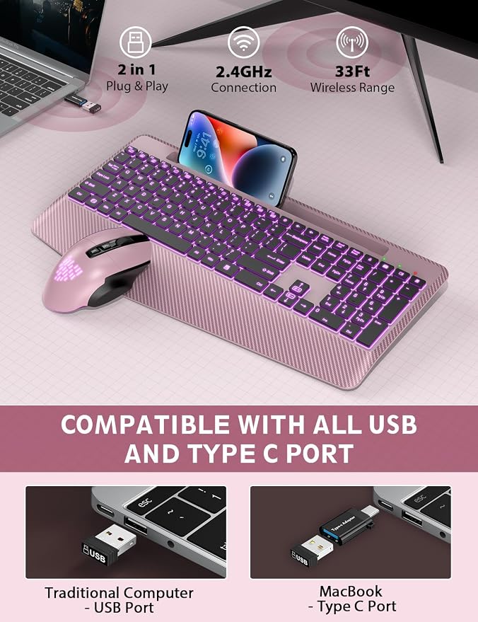 Wireless Keyboard and Mouse Combo, Backlit Scissor Keys, Wrist Rest | 7-Color Backlight, Phone Holder, Rechargeable, LED Mouse, Ergonomic Support, Quiet Typing, Win/Mac/ChromeOS, KM22 Ultra+