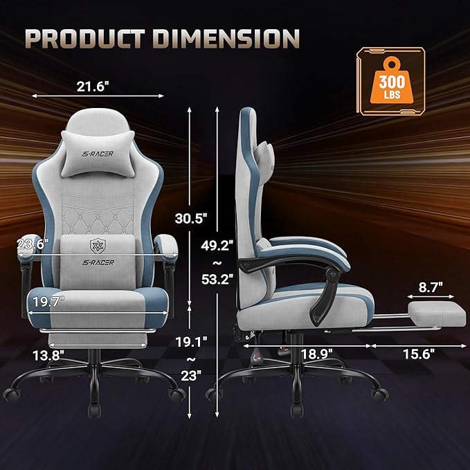 Homall Gaming Chair with Massage & Footrest, Ergonomic Computer Office Chair, High-Back Racing Style Reclining Chair with Adjustable Lumbar Support, Breathable Tech Fabric for Adults (Grey)