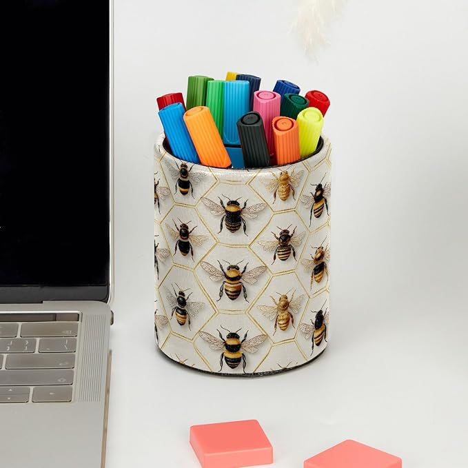 Leather Pen Holder for Desk, Honeycomb Bees Pencil Cup Pen Organizer Makeup Brush Holder for Office Home Kids Countertop Desk Accessory Storage