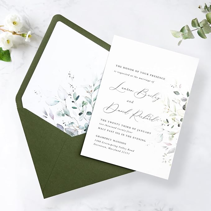 PONATIA 50PCS A7 Euro Flap Envelopes, 5.25 x 7.25'' Liner Envelope For 5x7'' Weddings Invitation Cards, Christmas Gift Cards, Acrylic Invitations, Photos (Olive Green)