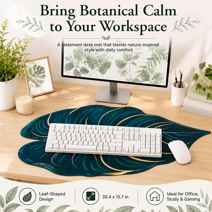 Large 3D Green Leaf Desk Mat Green Palm Tropical Keyboard Mouse Non Slip | Botanical Mouse Big Pad, Non-slip Base Mousepad Decorative Keyboard Mat, Desk Protector Office Home, 35.43 x 15.75 Inch