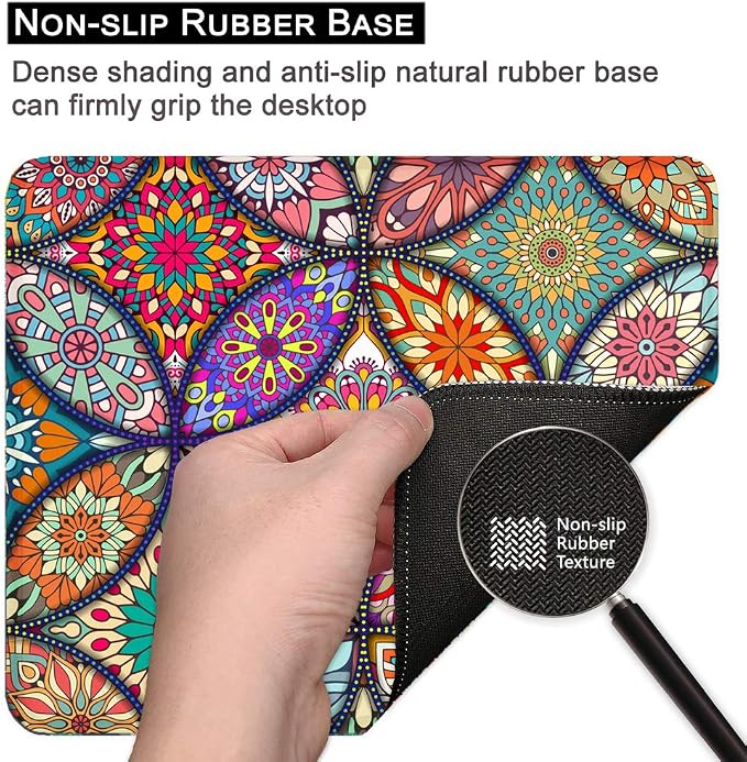 BOSOBO Mouse Pad, Floral Mandala Mouse Mat, Small Custom Mouse pad for Gaming, Office, Women and Men, Non-Slip Rubber Base, Stitched Edge, Waterproof, Rectangle 10.2 x 8.3 Inch, Flower Mousepad