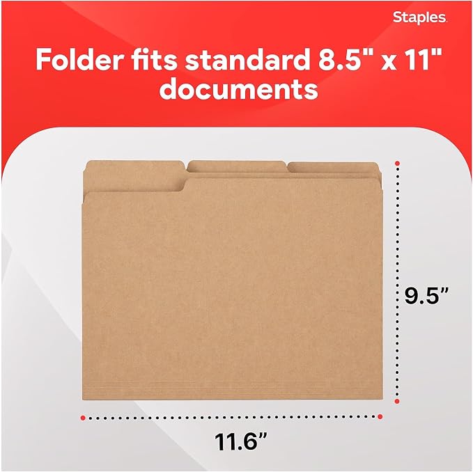 Staples Colored File Folders, Letter Size, 3-Tab, Kraft, 100/Pack | Durable paper stock for everyday office document organization and filing.