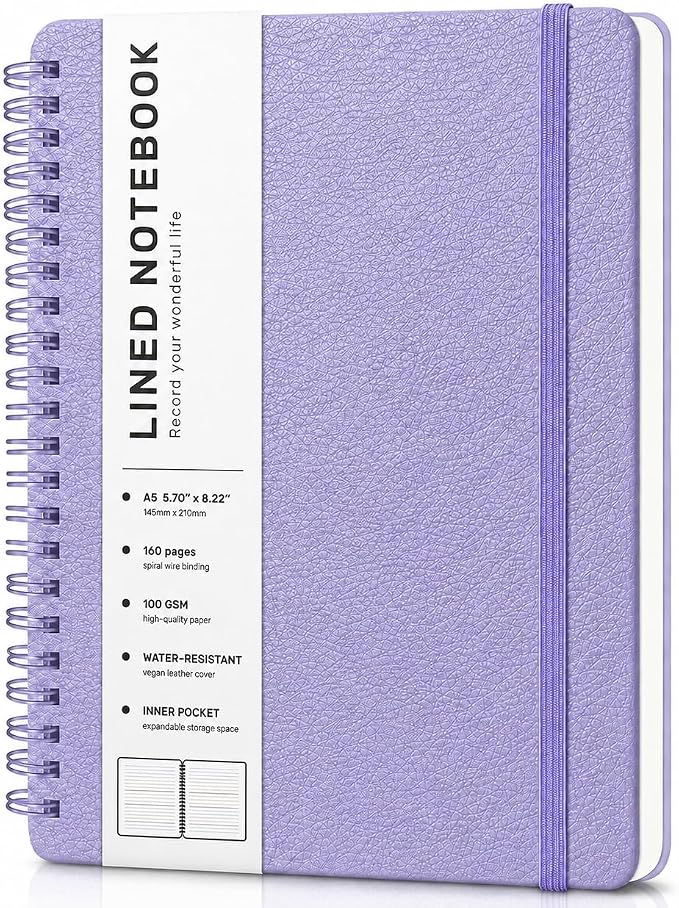 Lined Spiral Notebook for Women, A5 College Ruled Leather Spiral Journals | 160 Pages Small Journaling Notebooks, 5.7"x11" Note Book for Writing, Work, School, Men, Hardcover Leather Journals, Purple