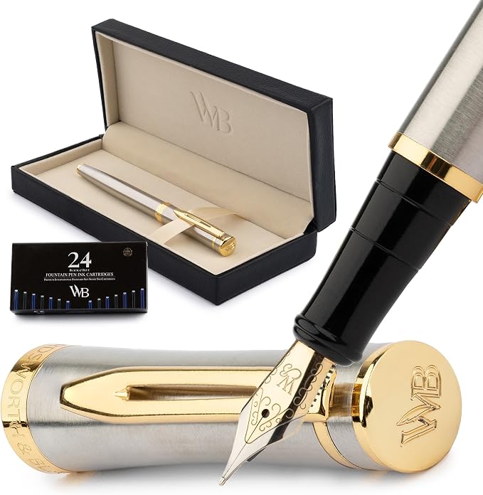 Wordsworth & Black Luxury Fountain Pen Set for Writing, Medium Nib, Silver | Gift for Men & Women, Brass Body, 18K German Iridium, Calligraphy, Converter + 24 Ink Cartridges, Refillable, Leak-Free
