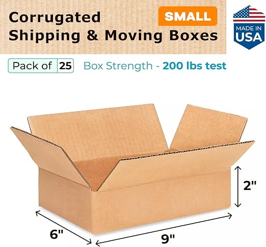 Small Moving & Shipping Boxes 9"L x 6"W x 2"H (25-Pack) - Extra Strength 200 lb vs Regular - USA-Made Corrugated Durable Packing Boxes - Cardboard Shipping Box for Small Business by IDL Packaging | Extra Strength 200 lb vs Regular - Corrugated Durable ...