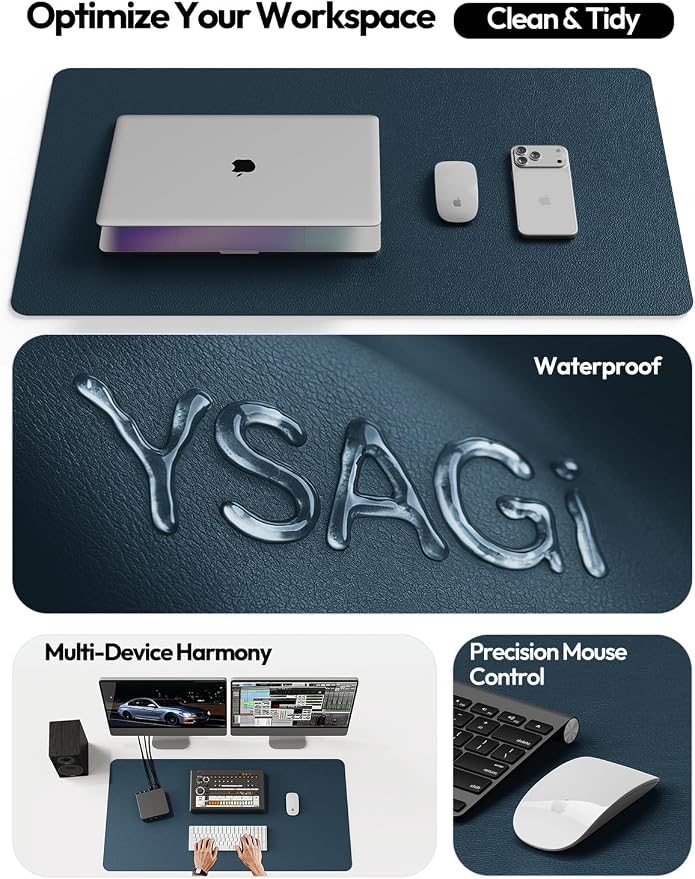 YSAGi Leather Desk Protector, Office Mat, Large Mouse Mat, Non-Slip PU Leather Blotter, Laptop Desk Mat, Waterproof Writing Pad for Office and Home(Dark Blue, 40" x 24")