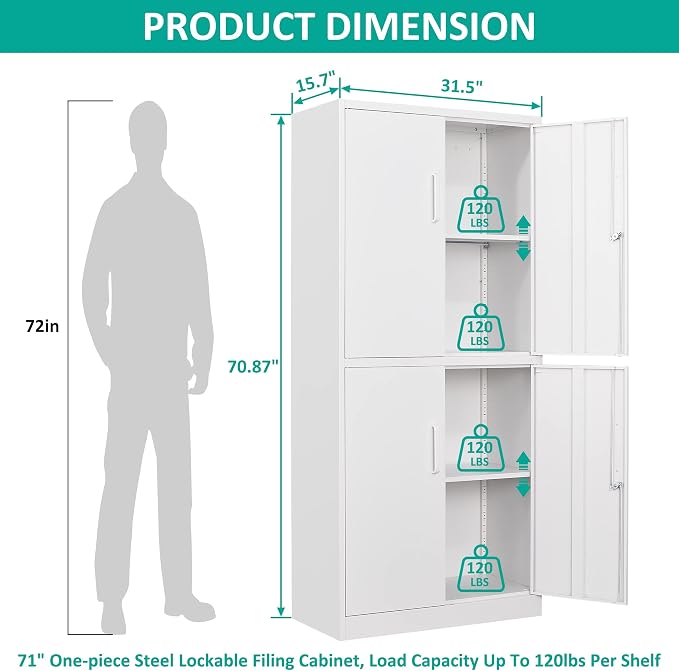 Metal Storage Cabinet with 3 Adjustable Shelves,Garage Storage Cabinet with Lock,White Metal Cabinets with Locking Doors,71" 4 Door Pantry Cabinet,Lockable Cabinets for Home,Office,Garage,Kitchen