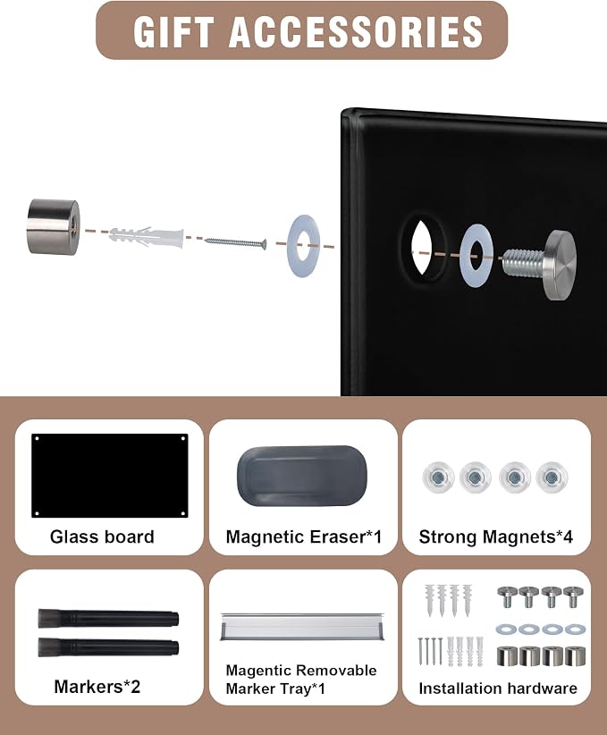 Mifuro Magnetic Glass Whiteboard，24"x18" Wall Mounted Frameless Dry Erase Board for Office, Home & School Black