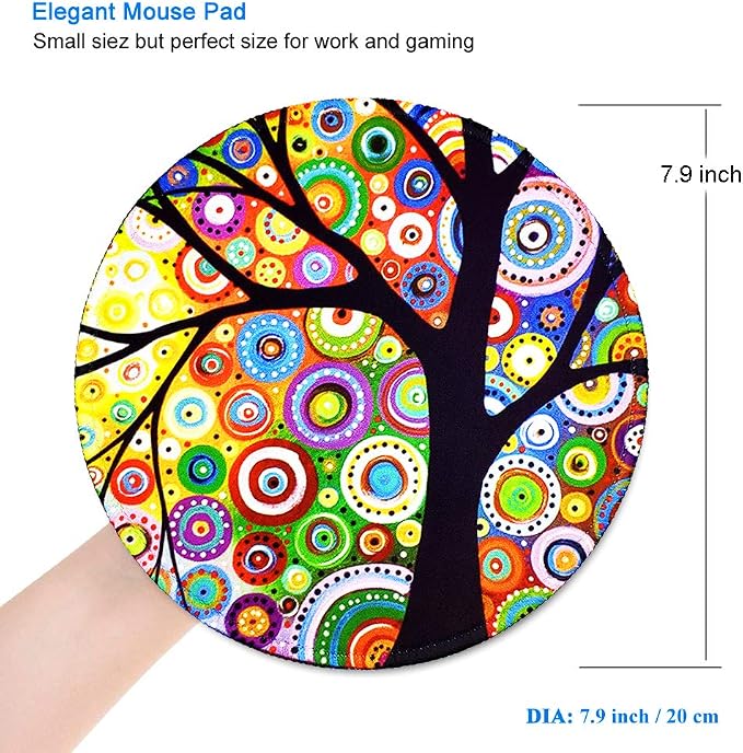 BOSOBO Mouse Mat, Round Mouse Pad with Tree of Life Design, Non-Slip Rubber with Stitched Edges, Cute Office Pad for Girls & Women, 7.9 x 7.9 Inch