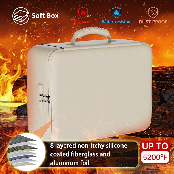 DocSafe 5200°F Fireproof Document Organizer Box with Lock, Beige (Soft) | Heat Insulated 8 Layers File Storage Bag,Water-Resistant Zipper,Home Office Travel Safe,Protects Important Documents,Laptop