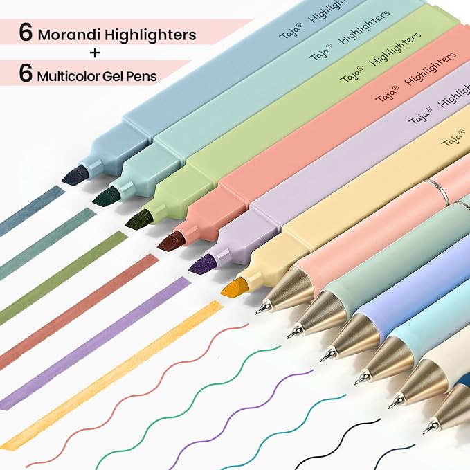 Taja 12 Pack Bible Highlighters and Pens Set, No Bleed and Quick-Drying | 6 Pastel Chisel Tip Highlighters and 6 Multicolor Ink Pens for Bible Study, Journaling, School and Office Supplies