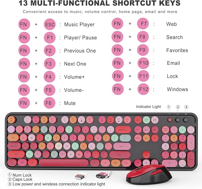 Wireless Keyboard and Mouse Combo, Ergonomic Full Size Typewriter Retro Round Keycaps Keyboard, Compatible with Windows, PC, Perfer for Home and Office Keyboards (Red