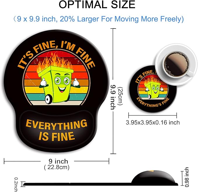 Ergonomic Mouse Pad with Wrist Support Rest,Large Mousepad Gel Wrist Rest, with Coaster Non-Slip & Pain Relief for Computer, Desk, Home&Office-Black Dumpster Fire