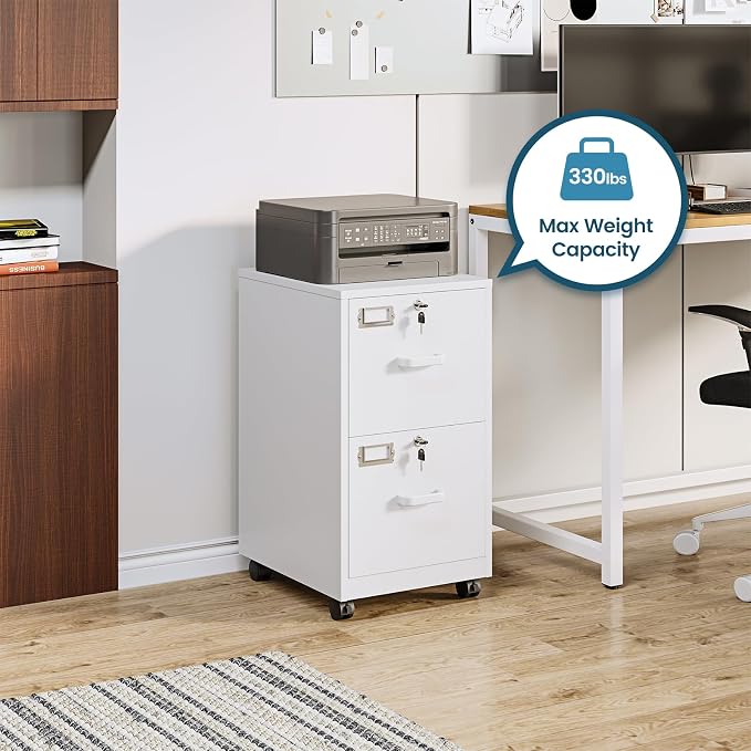 MIIIKO 2 Drawer File Cabinet with Lock, Metal Vertical Filing Cabinets for Home Office, Lockable File Storage Cabinets Under Desk, A4/Letter File Folders Storage-Assembly Required