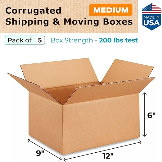 Medium Moving & Shipping Boxes 12 x 9 x 6 inches (5-Pack) - Extra Strength 200 lb vs Regular - Corrugated Medium Moving Box, Made in USA - Packaging Box by IDL Packaging | Extra Strength 200 lb vs Regular - Corrugated Medium Moving Box - Strong Carton ...