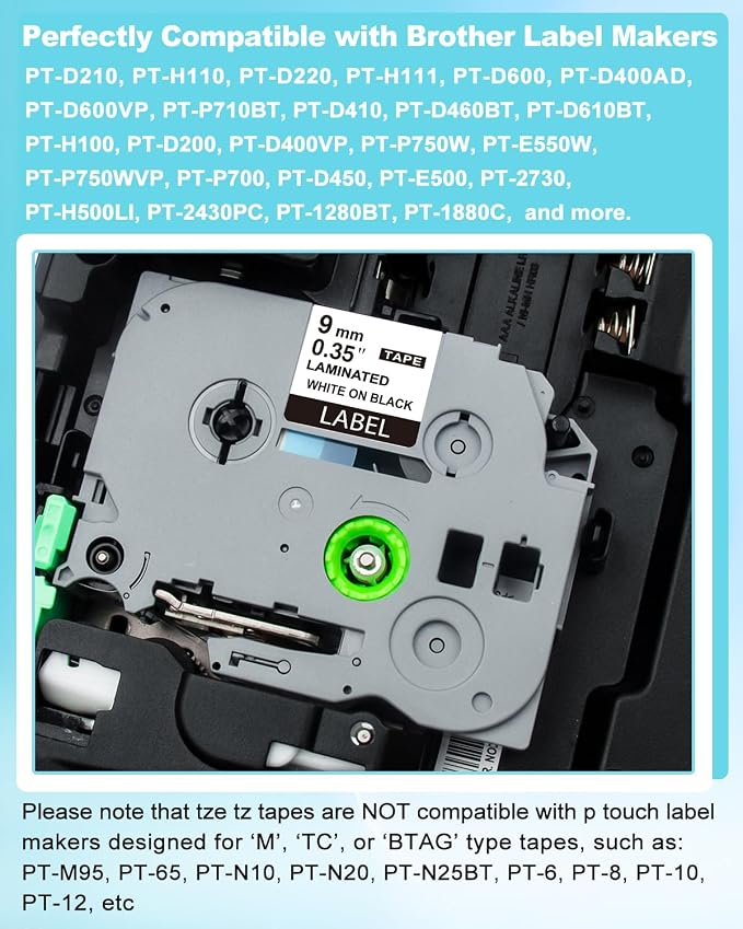 9mm 0.35" Laminated Black Label Tape Relpace for Brother TZe-325 Refills | White on Black, 3/8 Inch x 26.2 Feet, Compatible with Brother P Touch Label Maker PT-H110 PT-D202 PT-D210, 6 Pack