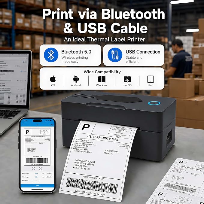 Bluetooth Thermal Shipping Label Printer, 4x6, Matte Black | Wireless, For Small Business, Compatible with Android, iPhone, Windows & Mac