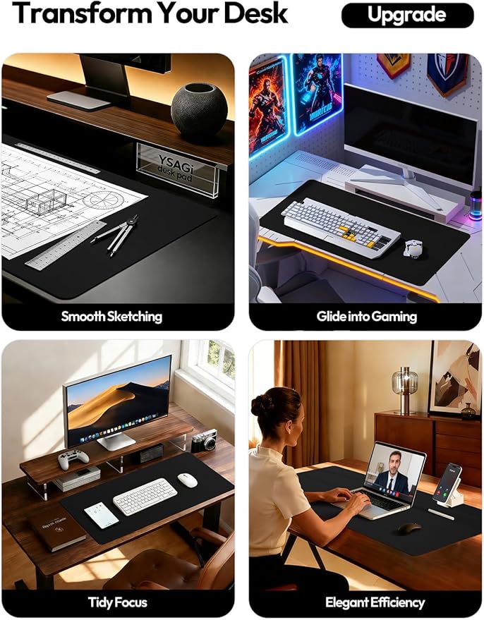 YSAGi Leather Office Desk Pad Protector, Large Mouse Pad, Non-Slip, PU Leather, Laptop Desk Blotter, Waterproof Writing Pad for Office and Home, Black, 23.6" x 13.8"