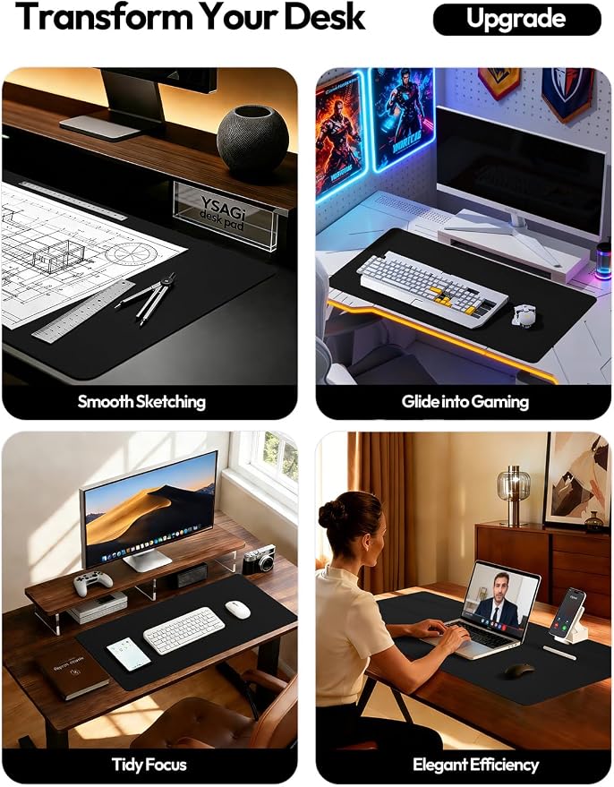 YSAGi Leather Desk Protector, Office Mat, Large Mouse Mat, Non-Slip PU Leather Blotter, Laptop Desk Mat, Waterproof Writing Pad for Office and Home(Black, 63" x 24")