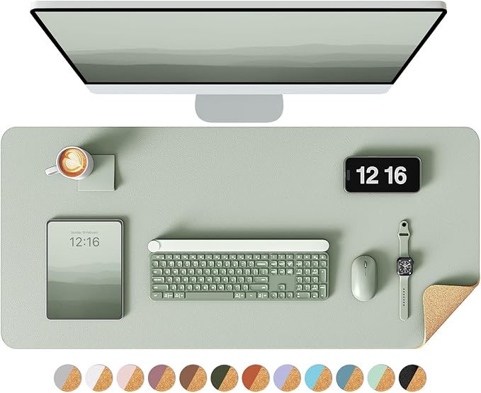 YSAGi Double-Sided Desk Pad, 35.4"x17"Leather Desk Mat, Eco Cork Desk Pad Protector,Large Mouse Pad,Waterproof Desk Blotter for Office/Home(Grayish Green)