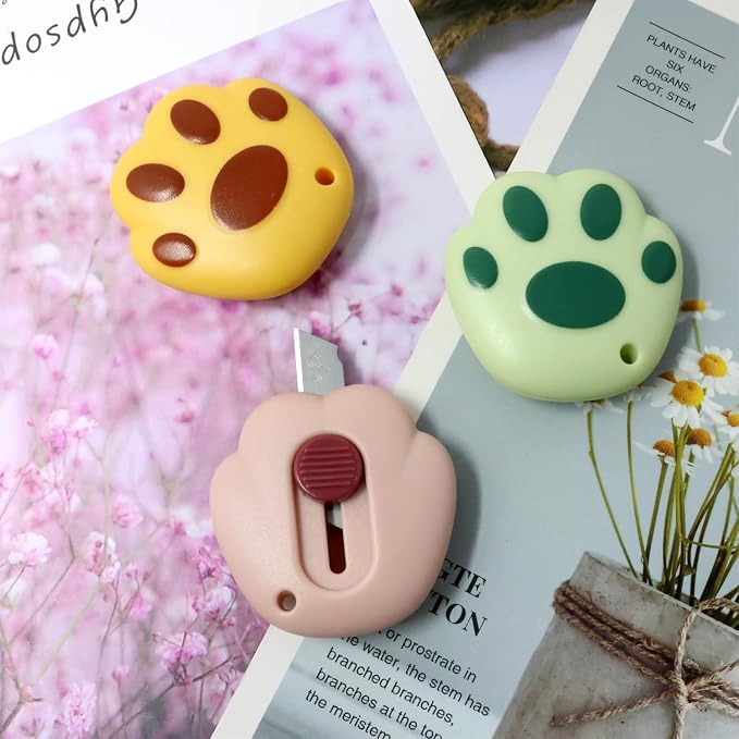 Honbay 6PCS Creative Cute Cat Paw Mini Utility Knives Portable Art Knife Retractable Envelope Knife Letter Opener Carton Opener Box Cutter with Hanging Hole - 12PCS Key Rings as Gift