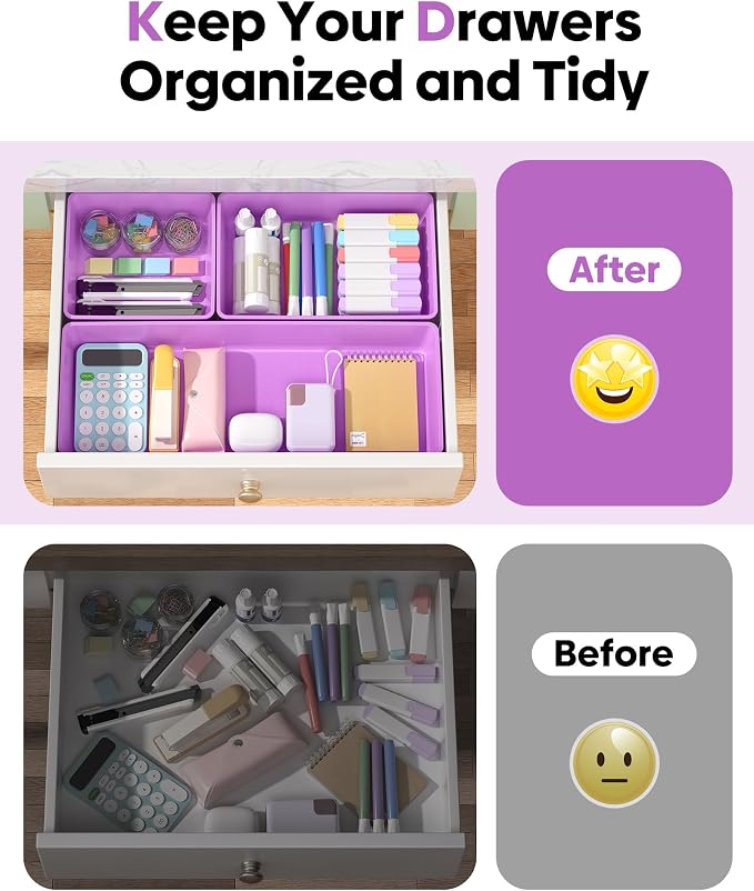 10 Pack Large Size Plastic Drawer Organizers Set, 3 Sizes Desk Drawer Organizer Trays, Storage Bins for Vanity, Makeup, Bathroom, Kitchen Utensils and Office (Purple)
