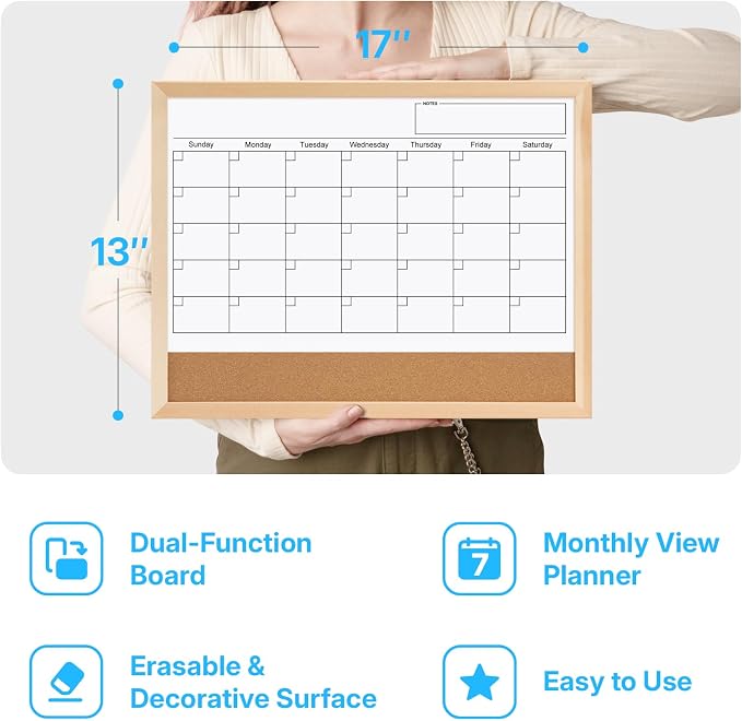 OWLKELA Monthly Dry Erase Calendar, 17 x 13 inch, Wood Frame | Magnetic Bulletin Whiteboard, with Cork Board, Ideal for Office, Home and School
