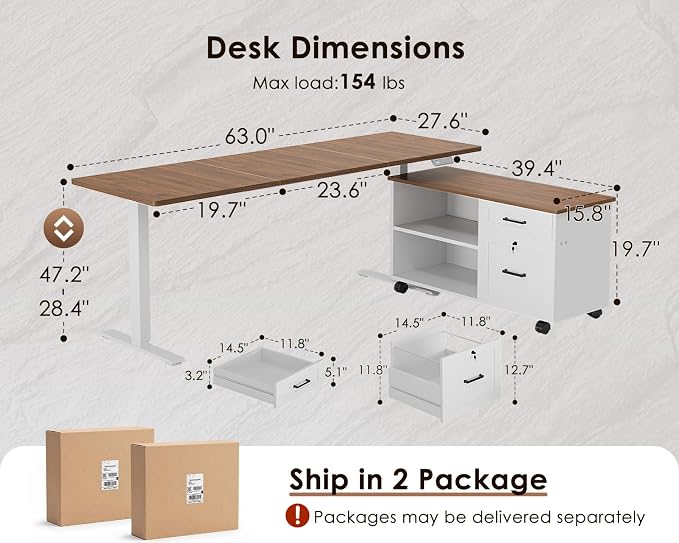 63" L Shaped Electric Standing Desk with Cabinet Sets, Walnut/White | Mobile Drawers & File Cabinet Sets for Flexible Layout, Height Adjustable Executive Stand Up Desk for Home Office Workstation
