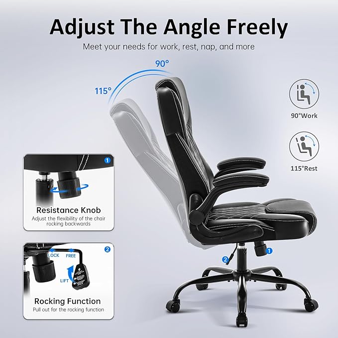 Office Chair, Executive PU Leather Chair Home Office Desk Chairs, Ergonomic Computer Desk Chair with Adjustable Flip-Up Arms, Lumbar Support Swivel Task Chair with Rocking Function (Black)