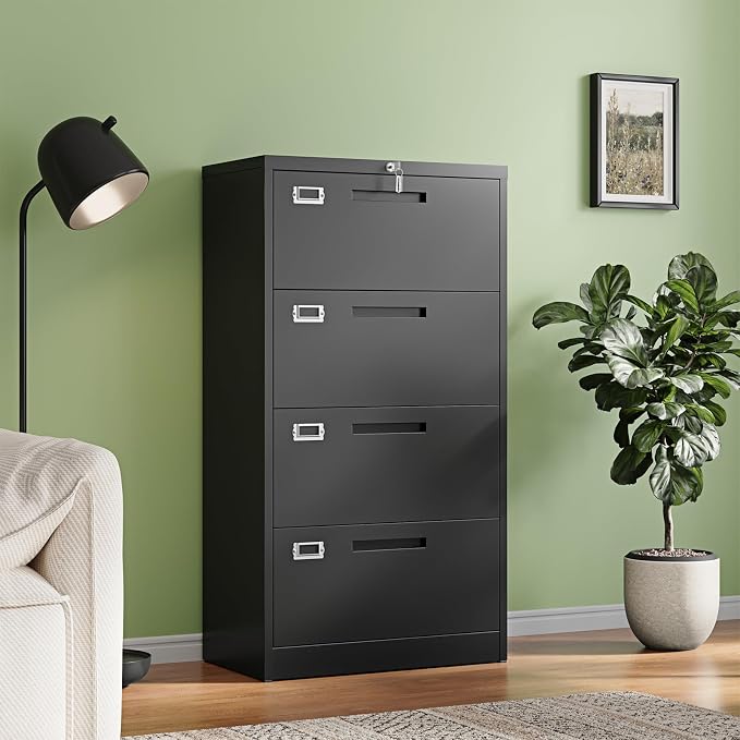 4 Drawer File Cabinets with Lock,Metal Lateral Filing Storage Cabinet Printer Stand,Black Steel Home Office Cabinet for Hanging Files Letter/Legal/A4 Size (Black, H51.73×W28.35×D15.74)