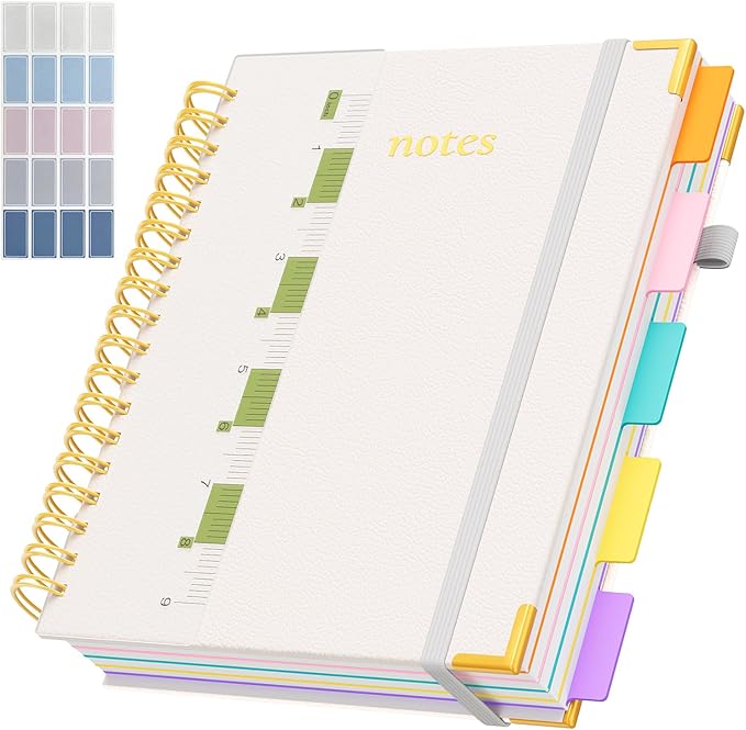 Line Hardcover Spiral Notebook with Removable Dividers Tabs & Ruler, 5 Subject Notebook College Ruled, 300 Page, Large 8"x10" B5 Notebooks for Work School, Lined Journal for Women & Men, White