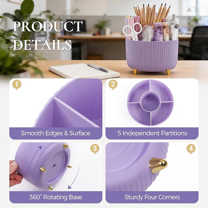 Pencil Pen Holder for Desk, 5 Slots 360-Degree Rotating Desktop Organizer, Cute Desk Organizers and Accessories for School, Home, Office and Art Supply, Purple