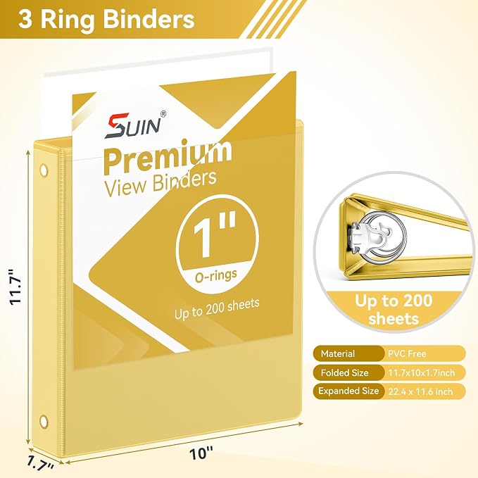 SUIN 1 Inch 3 Ring Binder, Clear 1'' View Presentation Binders with 2 Pockets, Fits 8.5 x 11 Letter Size, Durable Polypropylene, Non-Stick & PVC-Free for School, Office & Home (Yellow)