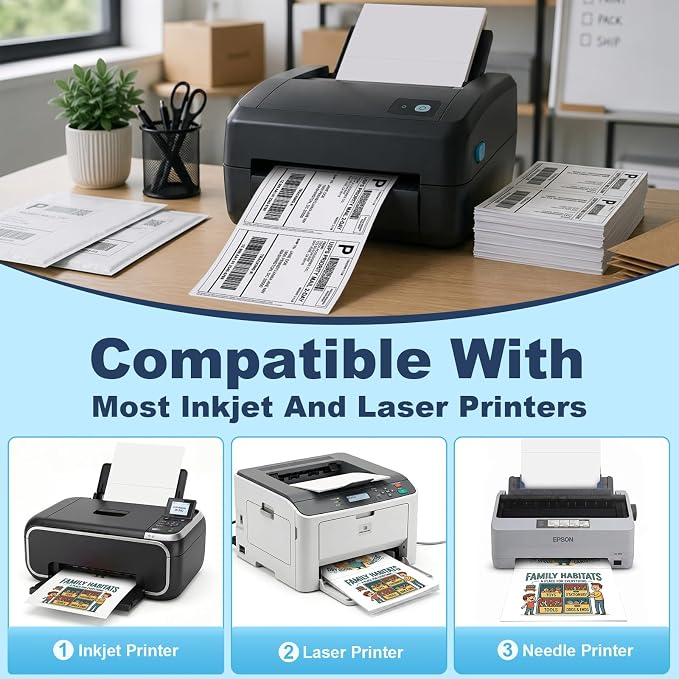 Shipping Labels 8.5" x 5.5" Half Sheet Printable Sticker Paper for Inkjet Printer, Mailing, Shipping, Organizing, 5 1/2 x 8 1/2 Half Page Labels (100 Sheets)