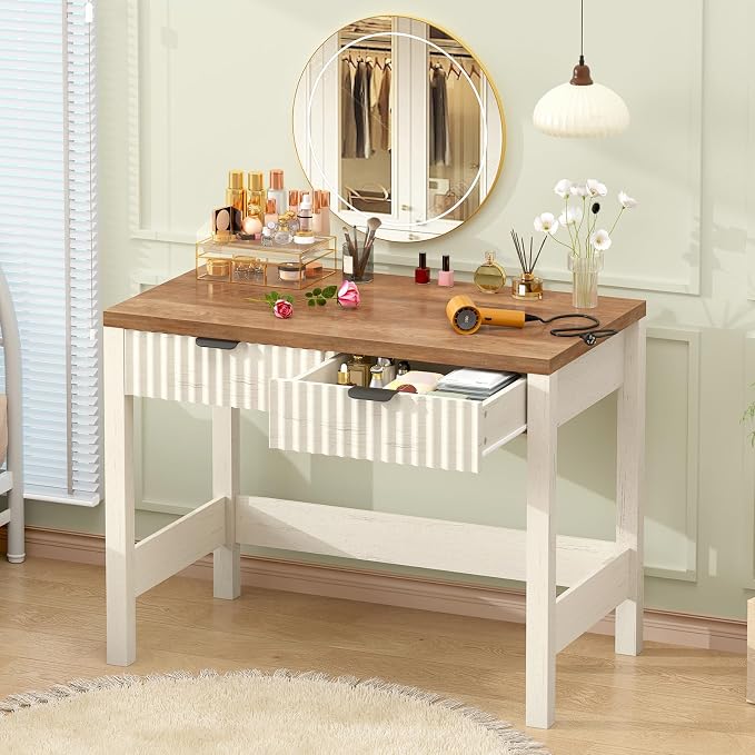 32 Inch Small Fluted Computer Desk with 2 Drawers for Bedroom, Home Office | Small Computer Desk with Storage, Compact Writing Study Desk for Small Spaces, Brown & White