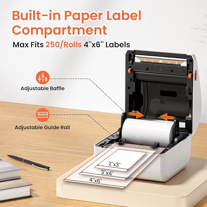 Bluetooth Thermal Shipping Label Printer with Built-in Label Holder | D450BT Bluetooth Thermal Label Printer 4x6 for Small Business, Compatible with iPhone, Android, Windows, macOS, Tiktok, USPS