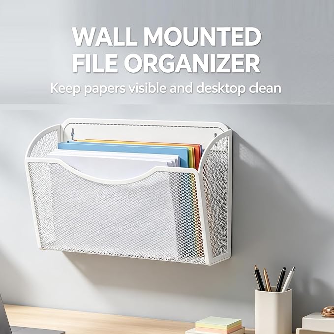 Gawerk Mesh Hanging Wall File Holders, Metal Vertical Wall Basket Mail Organizer for Office/Home (White, 3 Pack Wall Mounted)