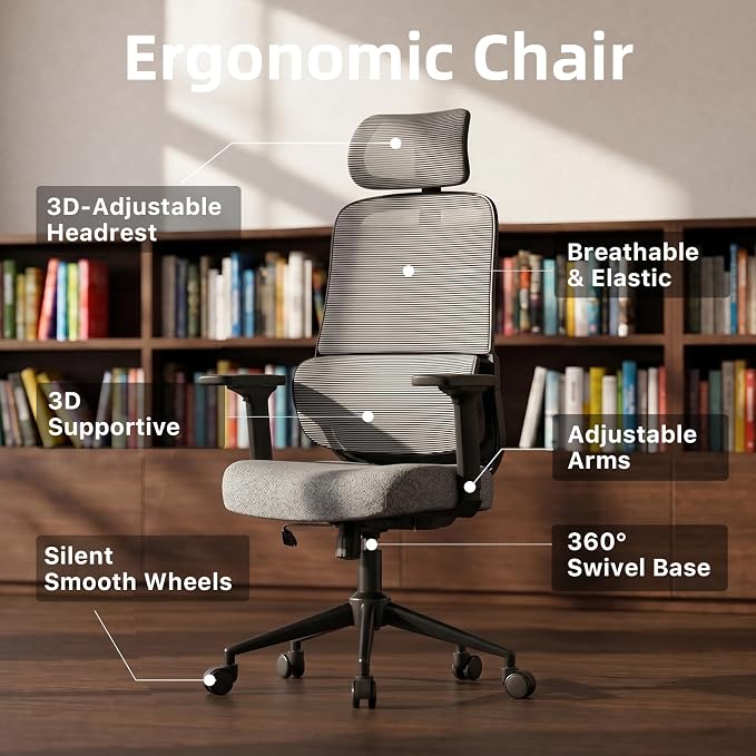 High Back Ergonomic Desk Chair with Adjustable Lumbar Support and Headrest Home Office Desk Chair with flip-up Armrests for Home, Office, Gaming, Student（Black）