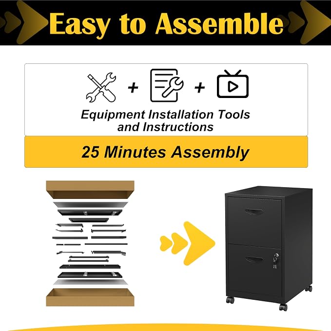 SteeLoong 2 Drawer File Cabinet,Metal Mobile File Cabinet with Lock Black | Filing Cabinet with Wheel,Vertical File Cabinet for Home Office,Under Desk Rolling File Cabinets for Hanging Letter/A4